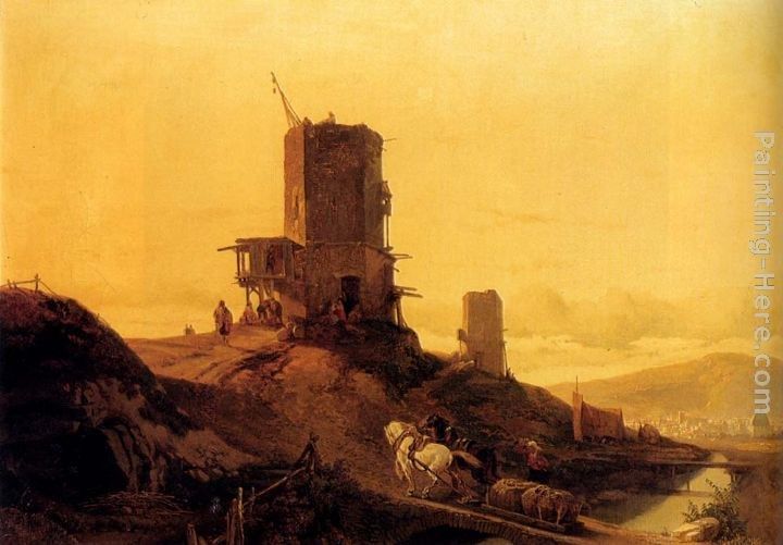 Francois Antoine Bossuet A Hill With An Arab Windmill Under Construction, A Town In The Distance